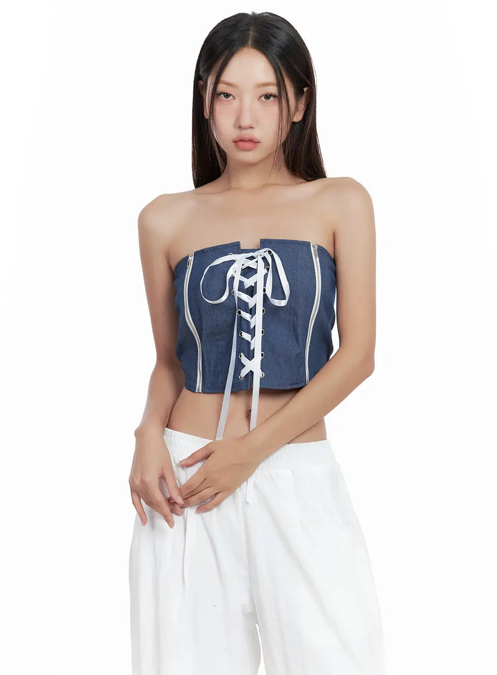 Denim Lace-Up Corset Tube Top CL508