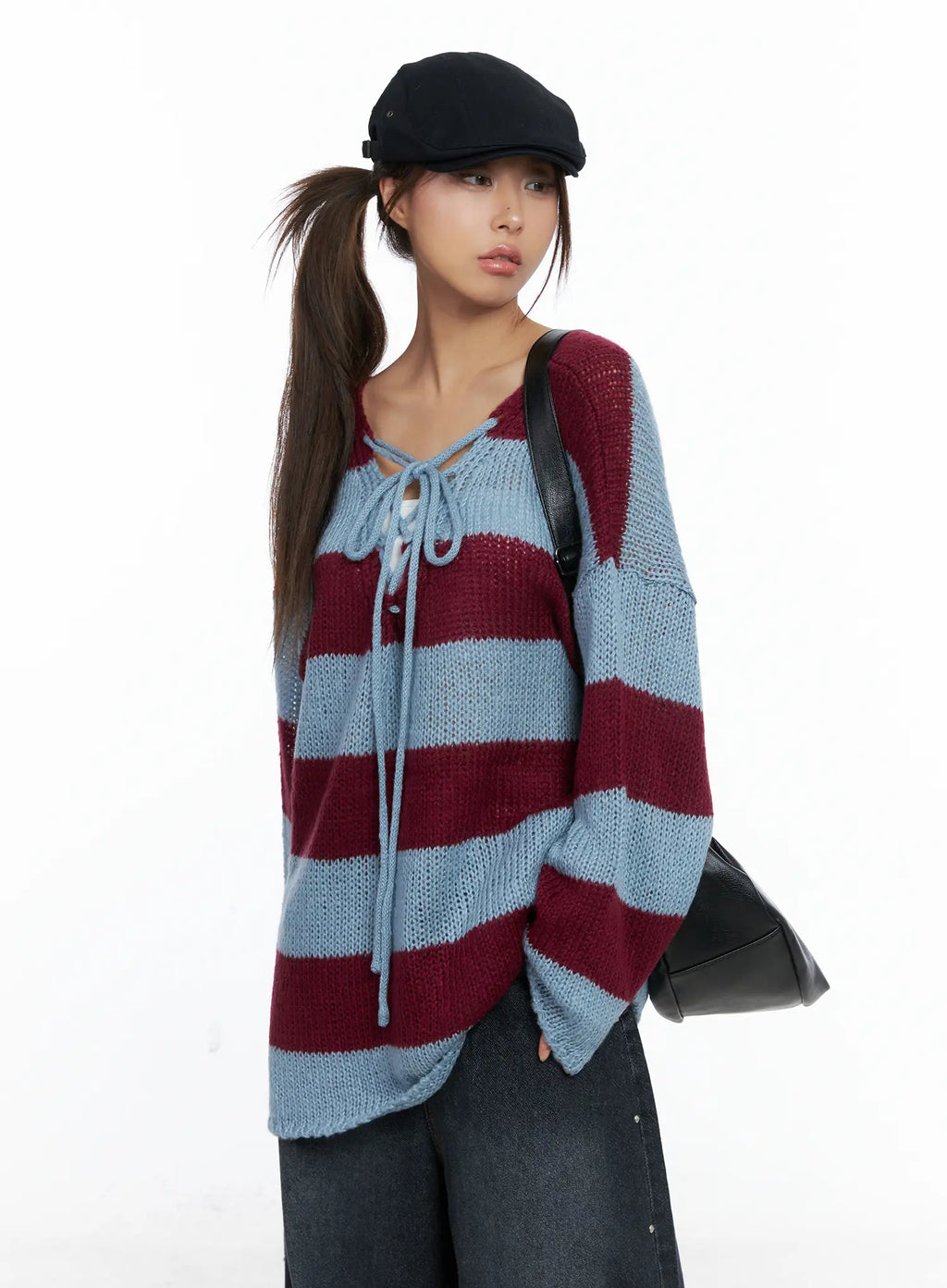 Striped Lace-Up Long-Sleeve Knit Top CS505