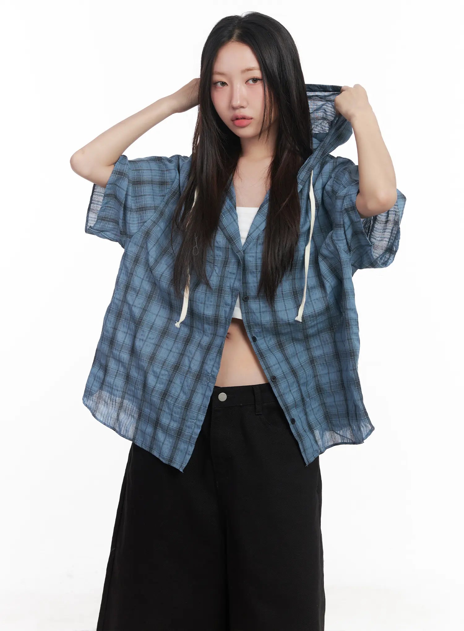 Plaid Hooded Oversized Shirt CU517