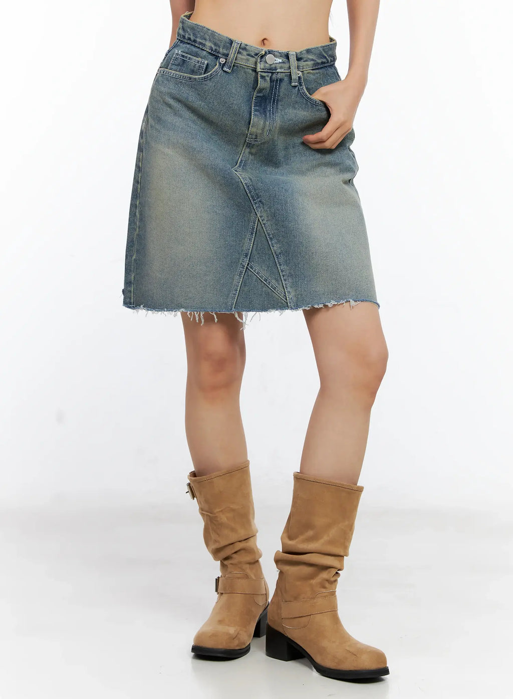 Frayed-Hem Denim Midi Skirt CL529