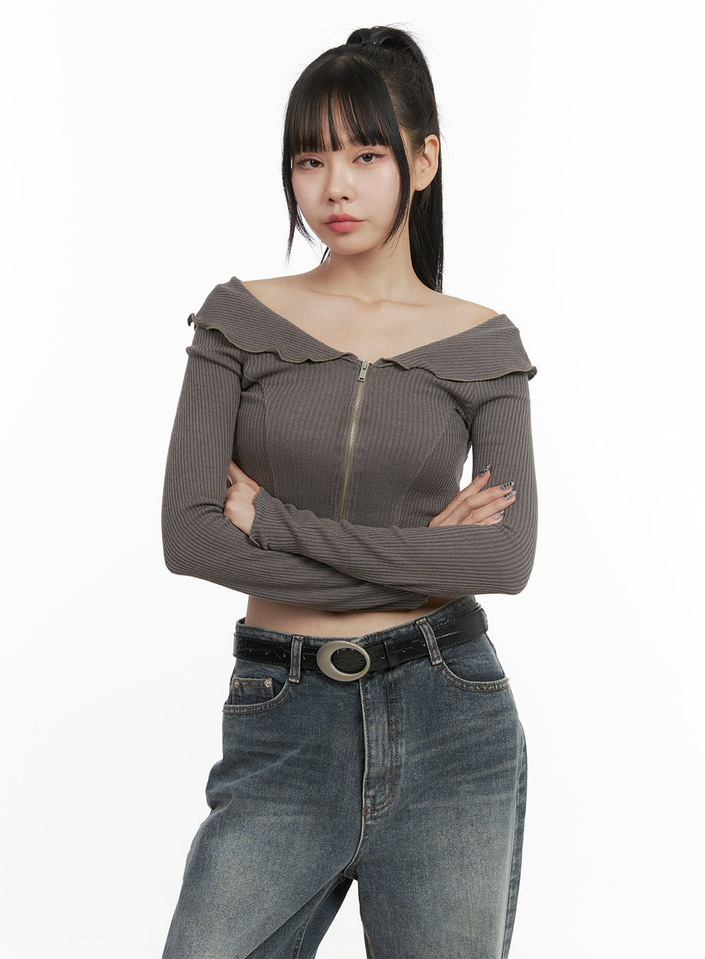 Zipper Off-Shoulder Ribbed Top OO401