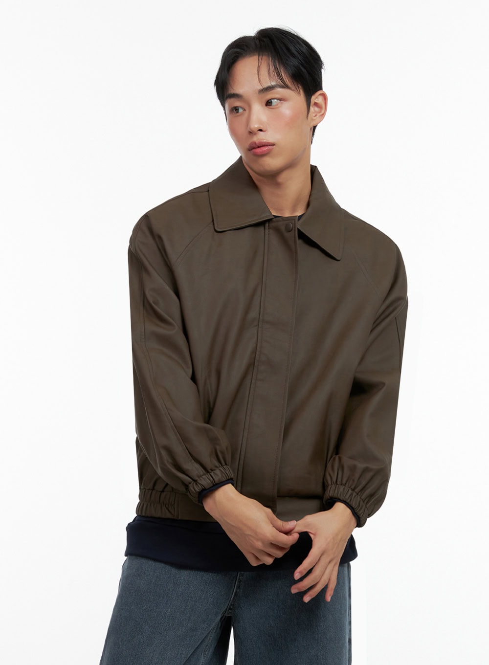 Men's Collared Faux-Leather Jacket IN426