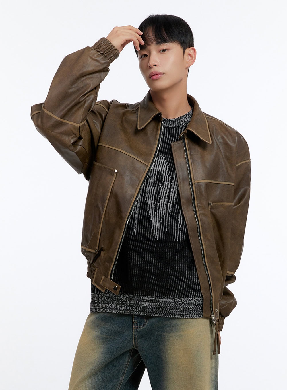 Men's Washed Vintage Zip-Up Leather Jacket IS413