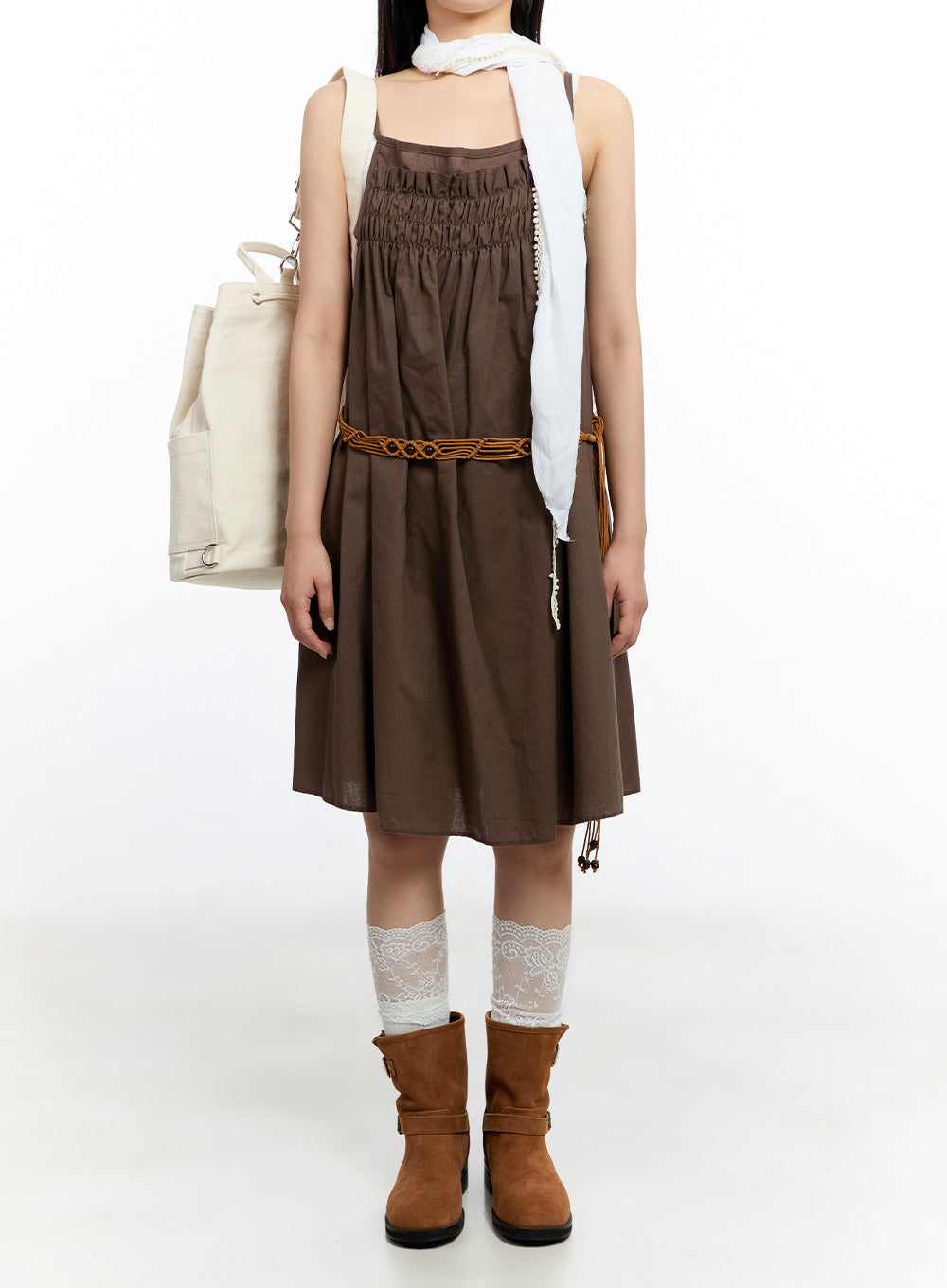 Solid Layered Cotton Midi Dress IU509