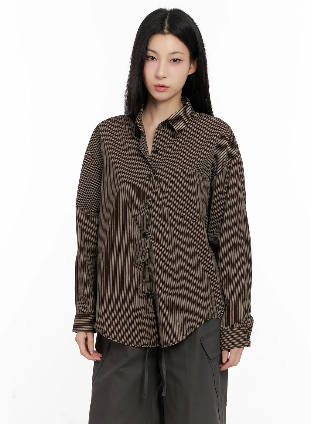 Relaxed Fit Striped Button-Up Long Sleeve Shirt CG526