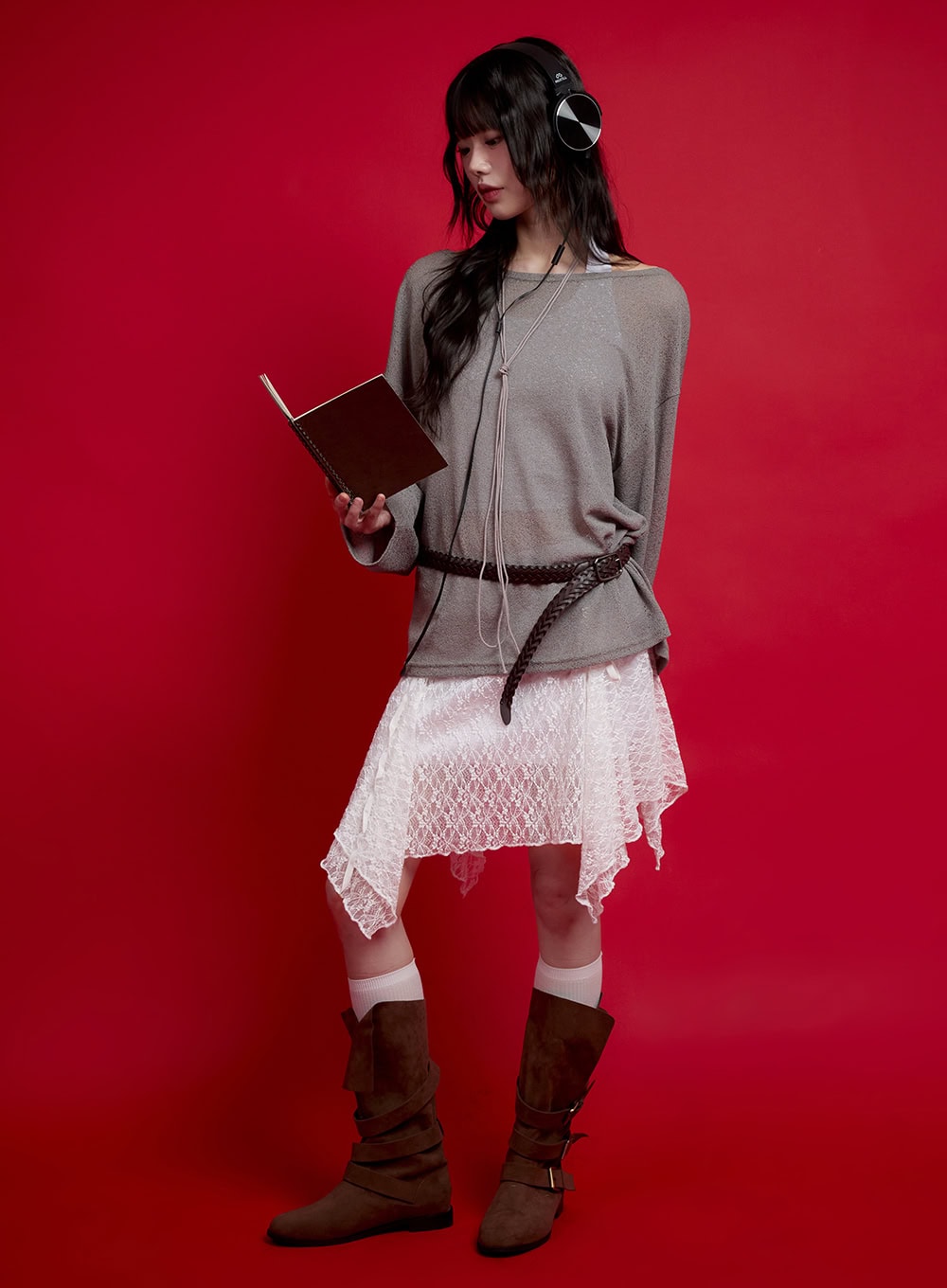 String Sheer Long-Sleeve Mesh Top CF511