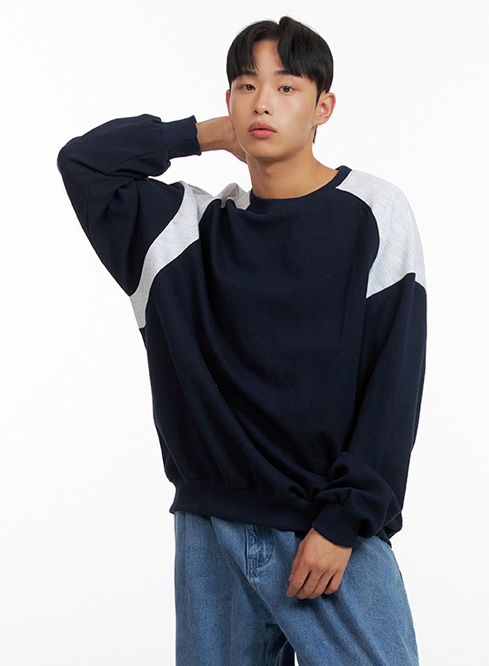 Men's Cozy Contrasting Crewneck Sweatshirt (Dark Blue) IU412