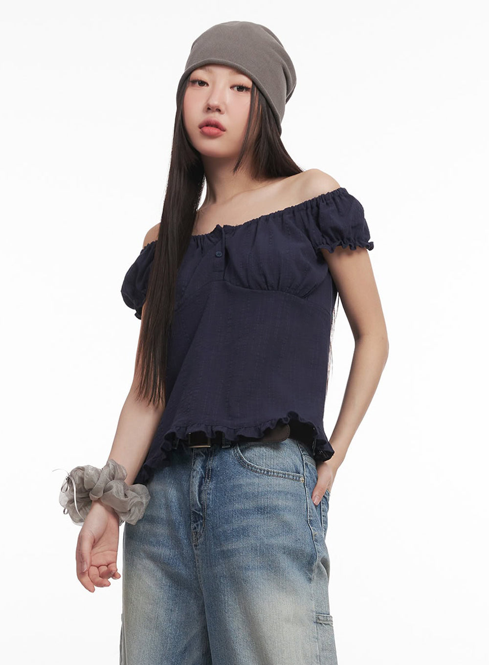 Frill Buttoned Off-Shoulder Blouse Top IM528
