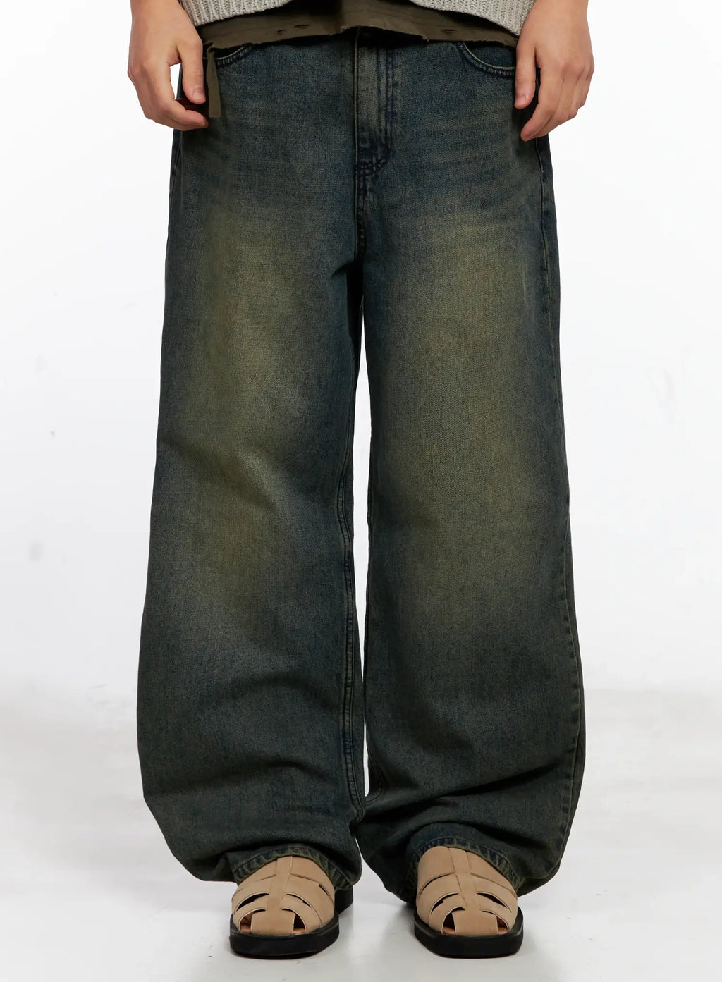 Men's Wide-Leg Washed Denim Jeans IG508