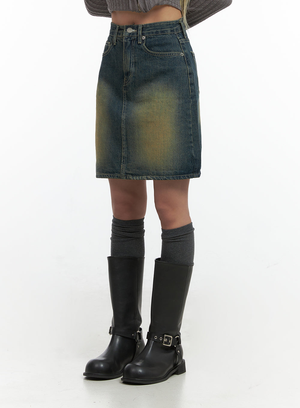 Washed Denim Cotton Midi Skirt CO415