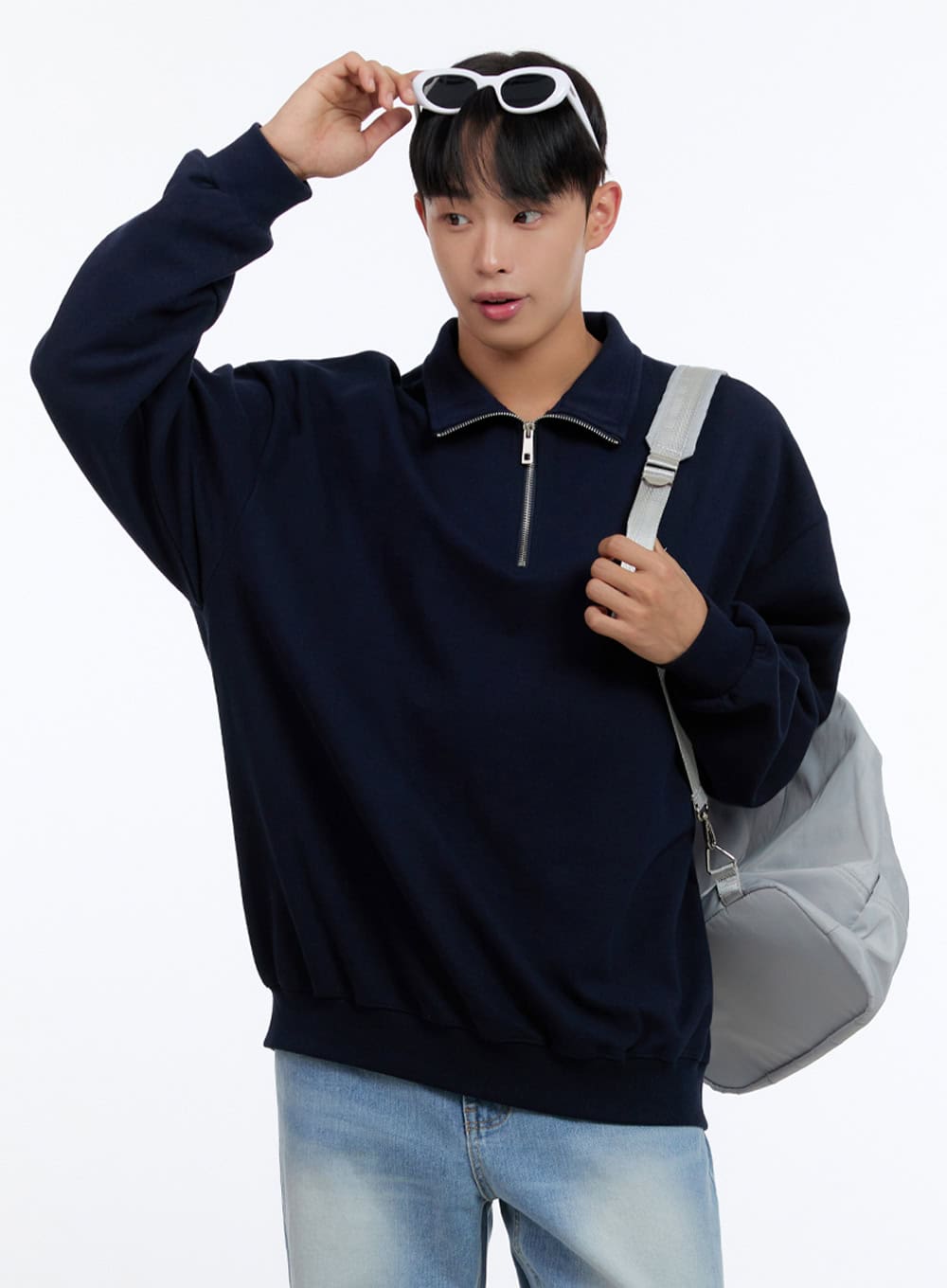 Men's Classic Cotton Half-Zip Graphic Hoodie (Dark blue) IS413