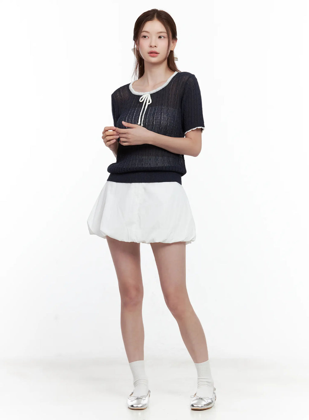 Sheer-Knit Tie Sweater Top CL502