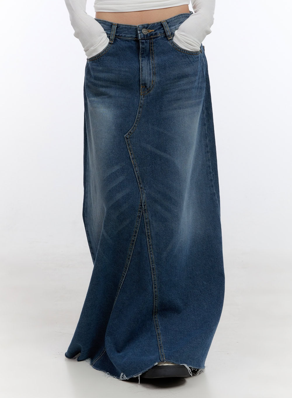 Destroyed Washed Denim Maxi Skirt CO419