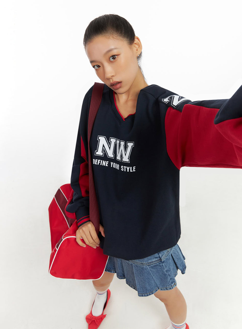 Dark Blue V-Neck Jersey Sweatshirt IO409