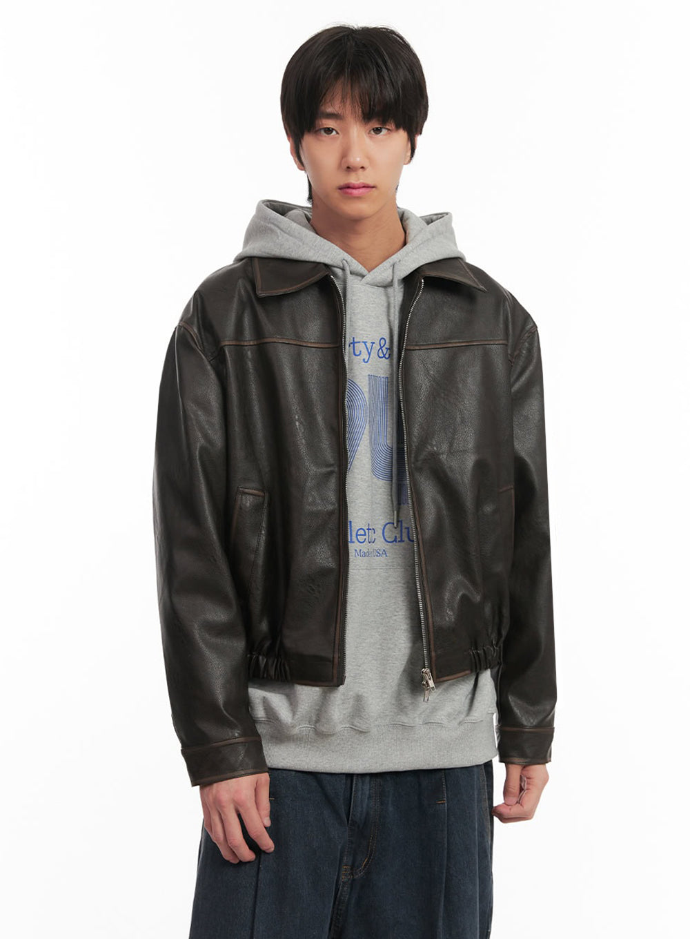 Men's Vintage Faux-Leather Collared Jacket IA510