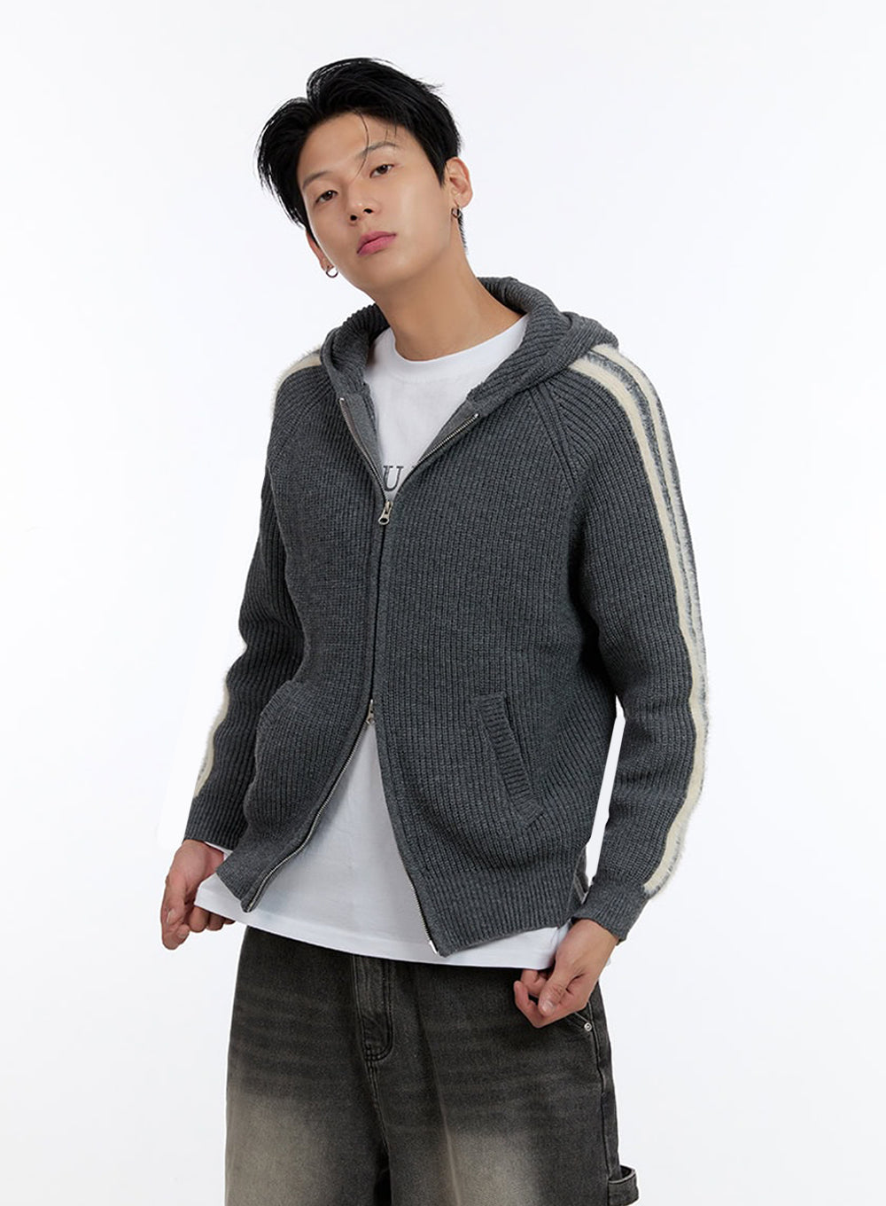 Men's Striped Double Zipper Knit Hoodie IO428