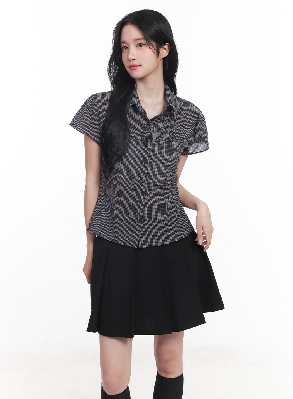 Checkered Puff Button Blouse Top CY526