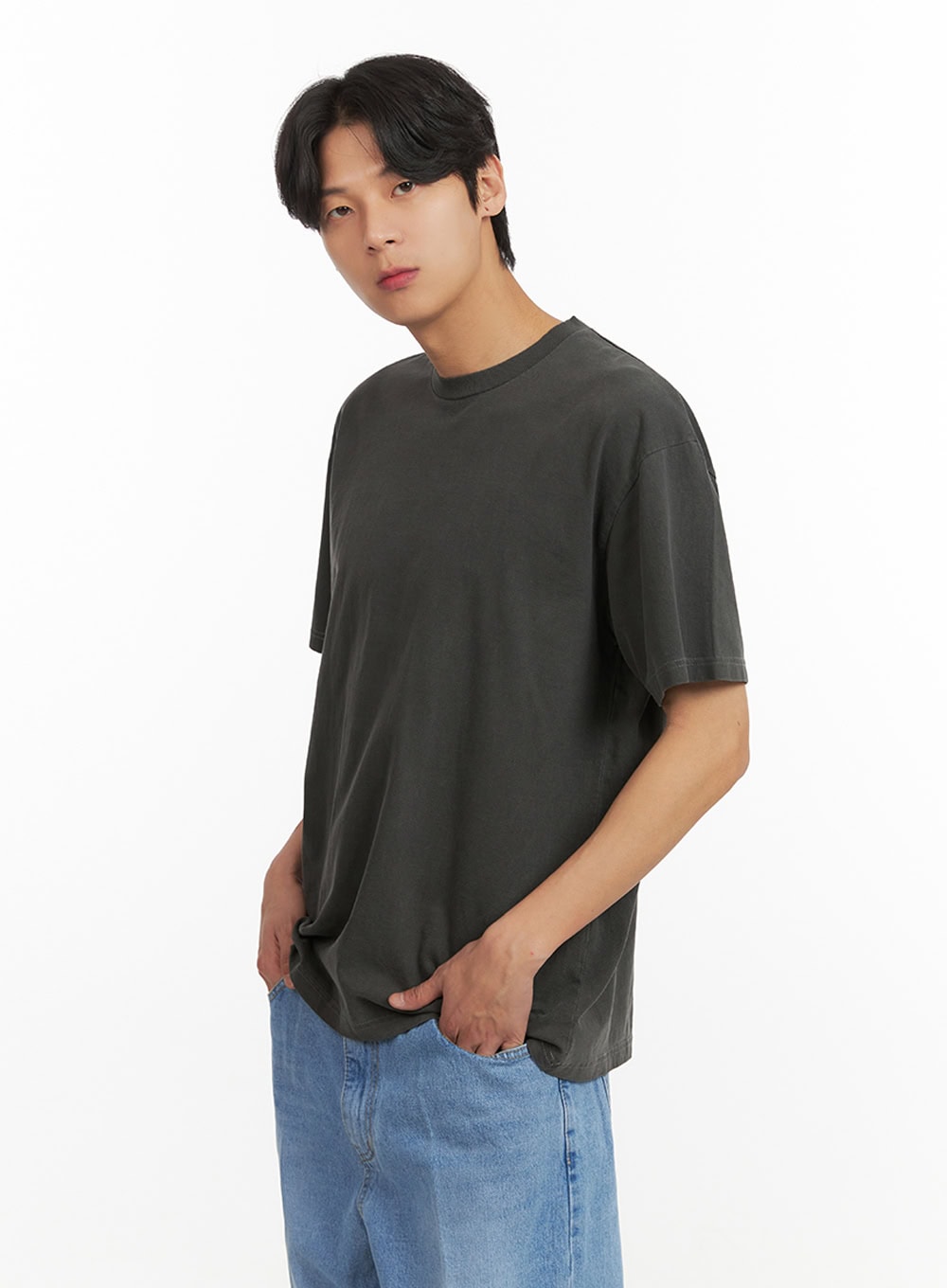 Men's Cotton Washed Round Neck T-Shirt (Black) IY431