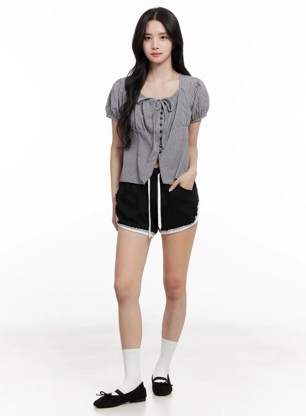 Striped Puff-Sleeve Ribbon Top CL516