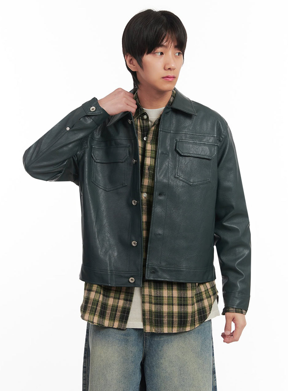 Men's Faux-Leather Collared Trucker Jacket IA511