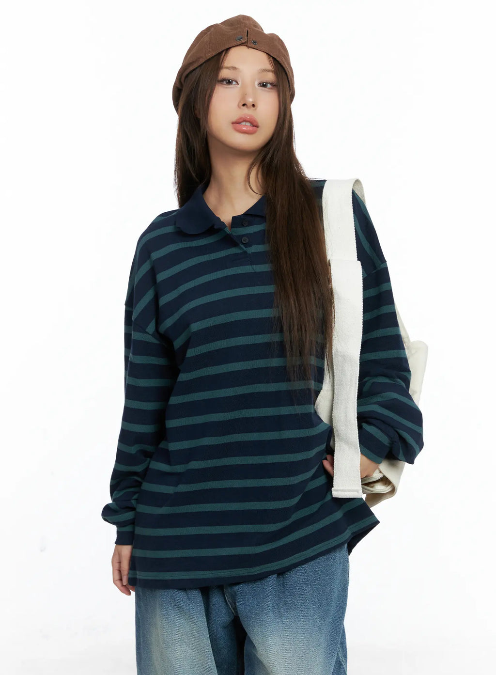 Oversized Striped Collar Long-Sleeve Tee CS504