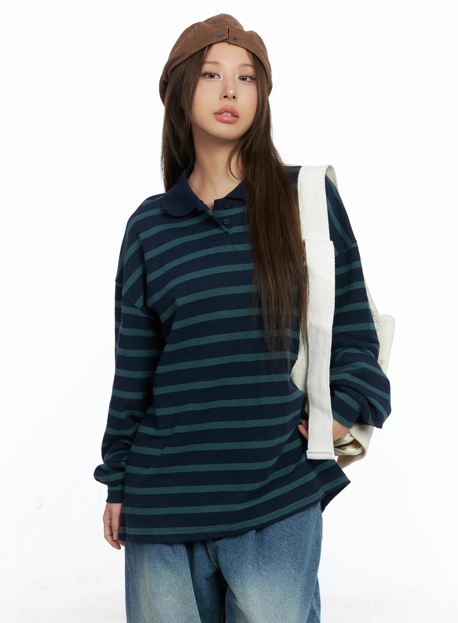 Oversized Striped Collar Long-Sleeve Tee CS504