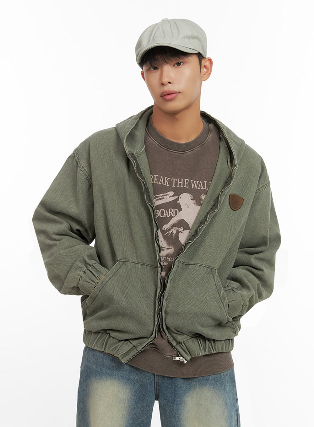 Men's Washed Zip Up Hooded Jacket IO420