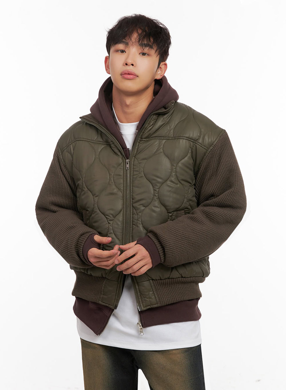 Men's Knit-Sleeve Quilted Bomber Jacket ID427