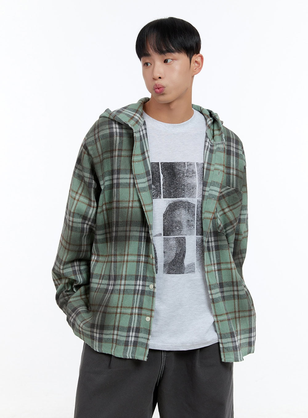 Men's Oversize Checkered Cotton Hooded Shirt IS413