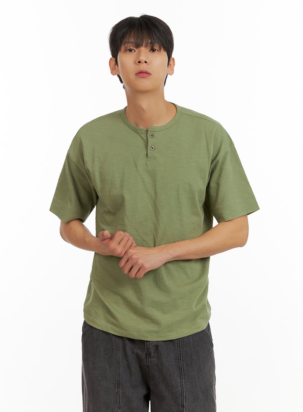 Men's Cotton Round Neck Button T-Shirt (Dark Green) IU418
