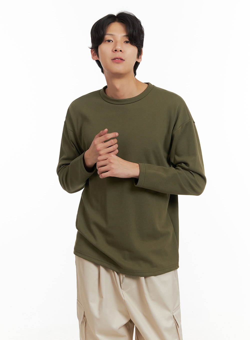 Men's Basic Oversize Long Sleeve Tee (Dark Green) IY402