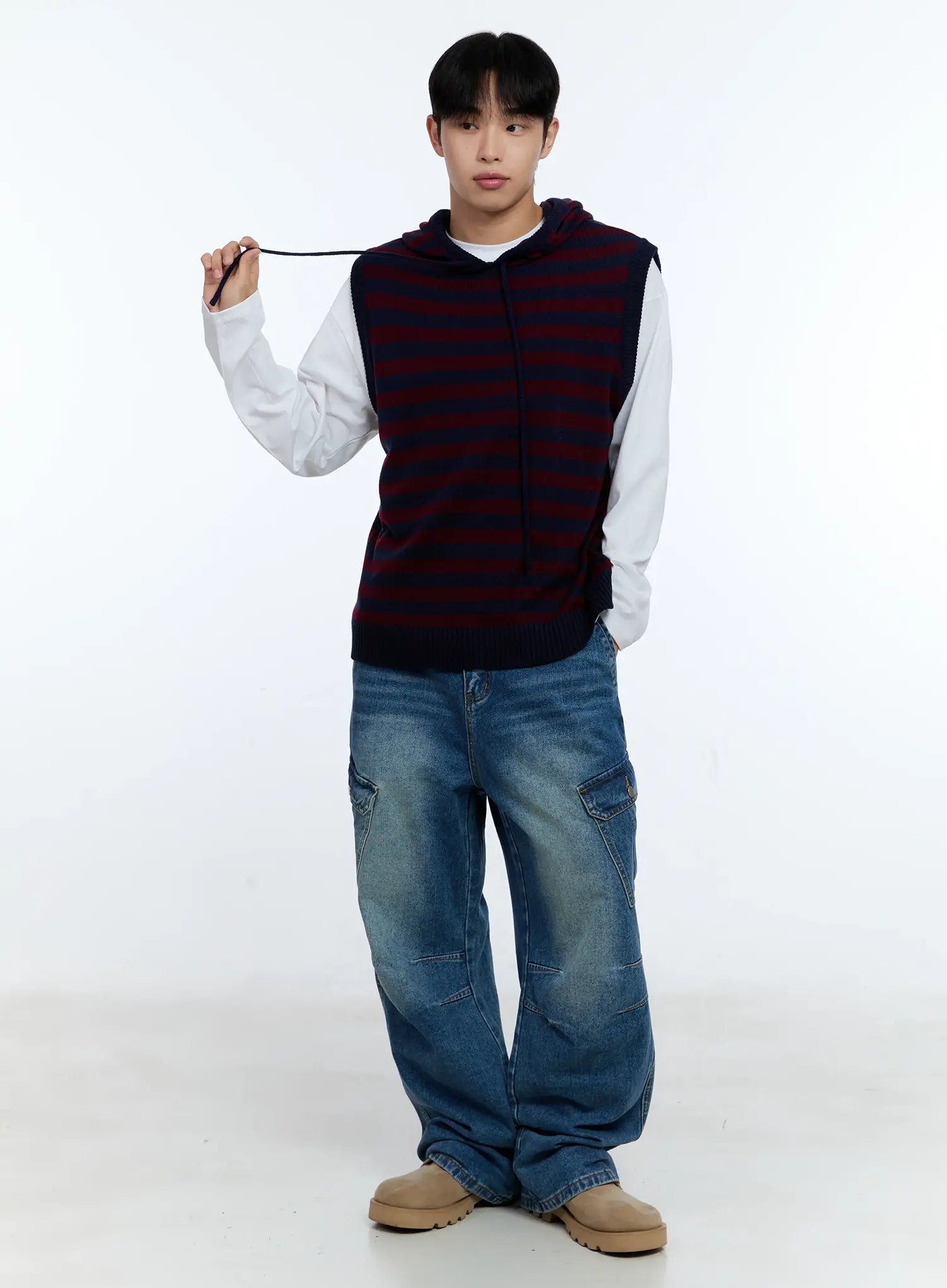 Men's Striped Knit Sleeveless Hoodie IG515