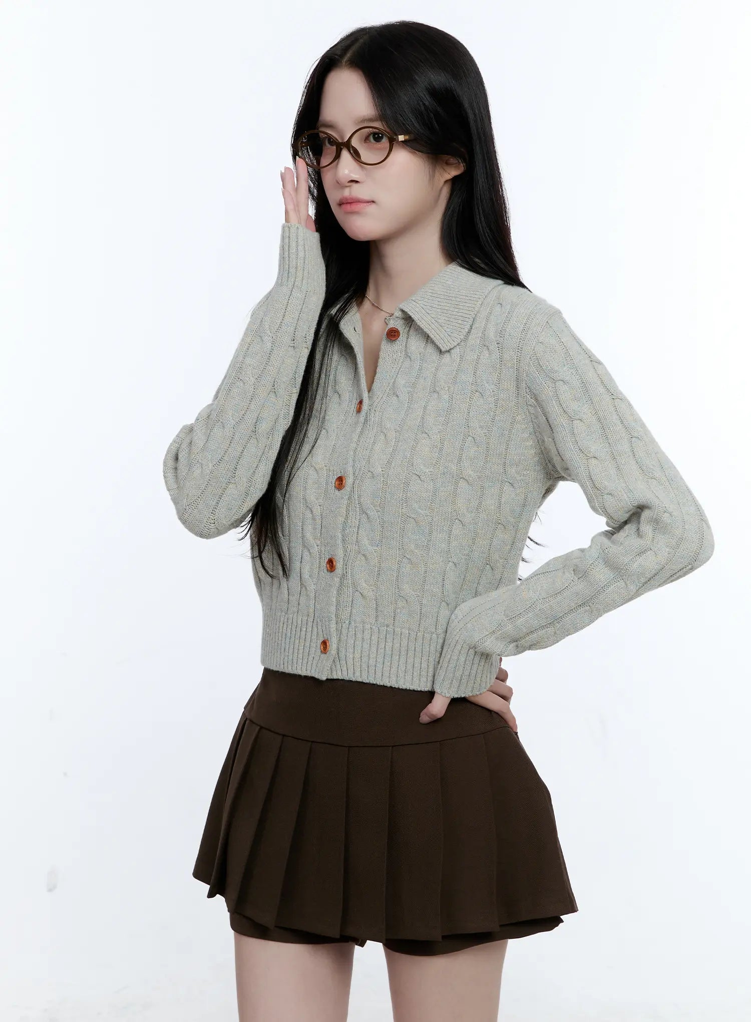 Button-Up Collared Cable Knit Cardigan CG514