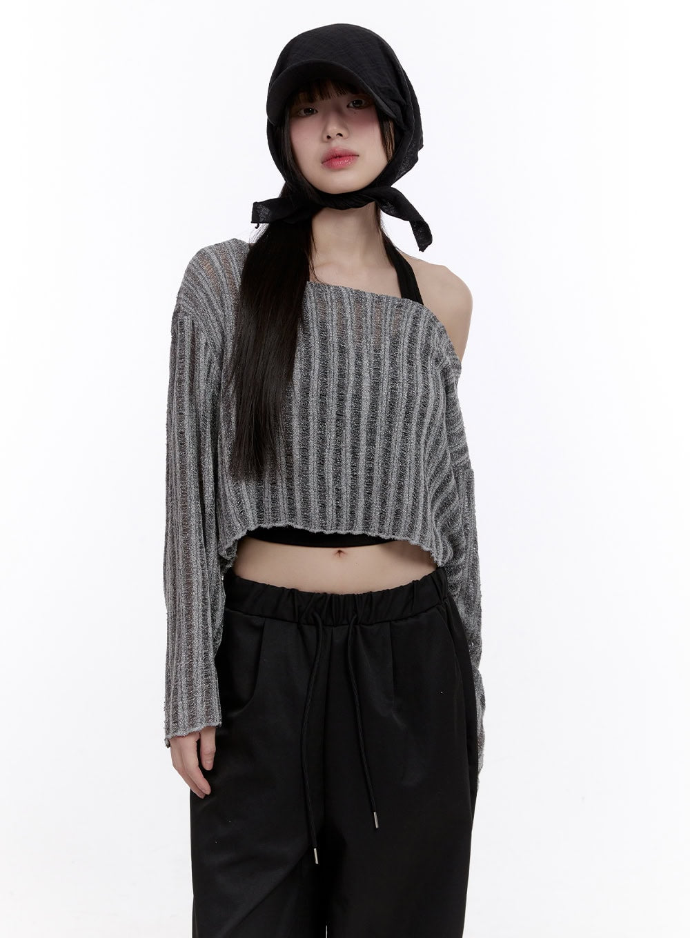 Sheer One-Shoulder Crop Sweater CF511