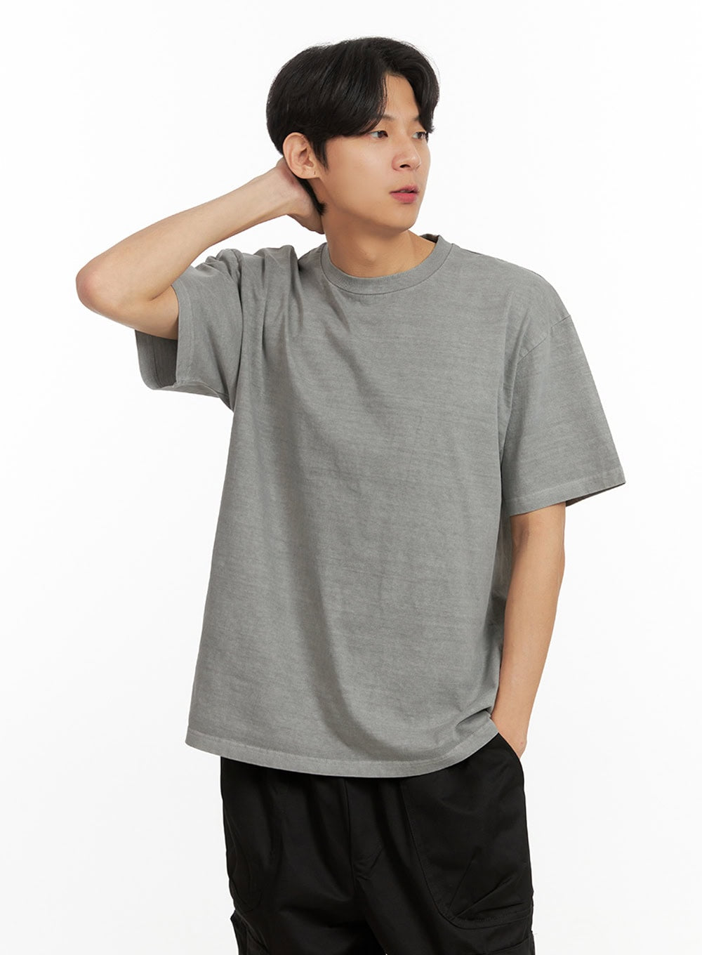 Men's Cotton Washed Round Neck T-Shirt (Gray) IY431