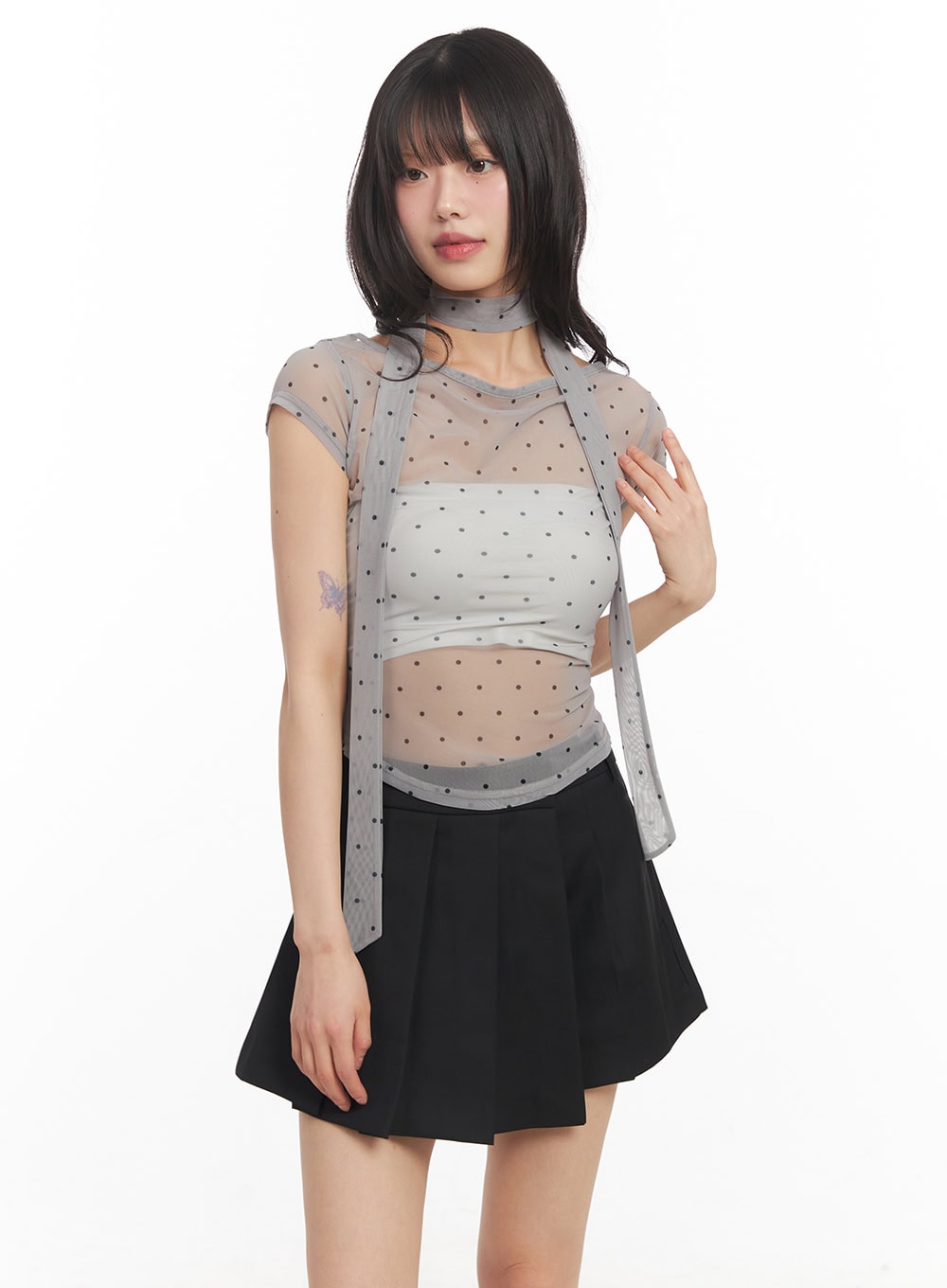 Sheer Polkadot Crop Top with Scarf CA522
