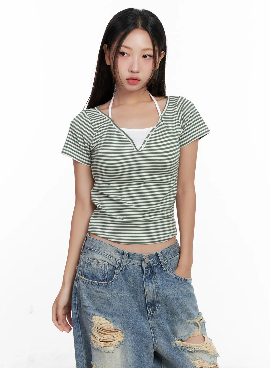 Contrast Stripe Layered Halter Tee CL518