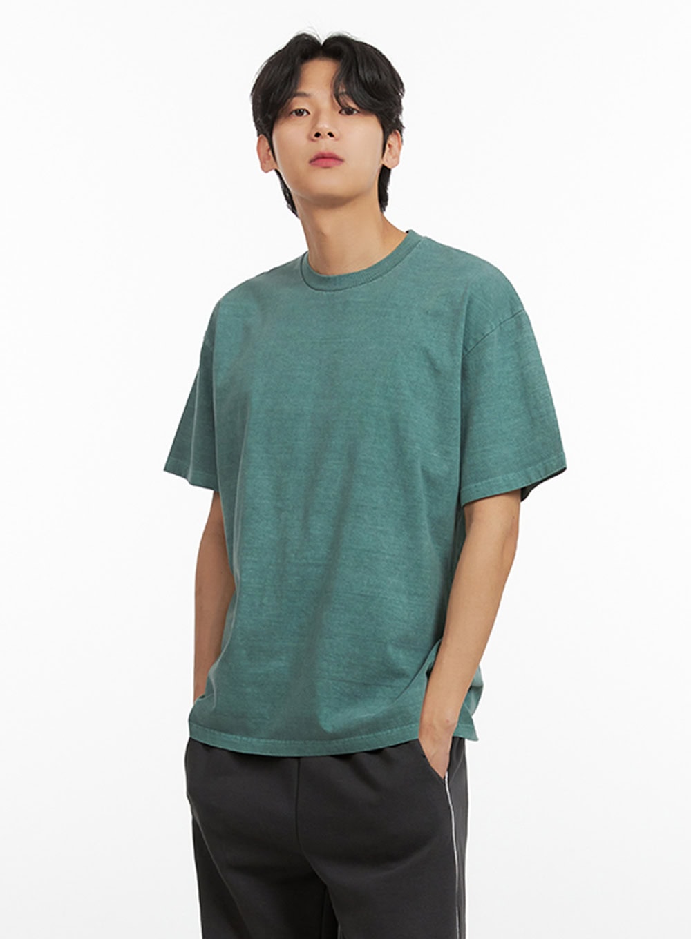 Men's Cotton Washed Round Neck T-Shirt (Green) IU405