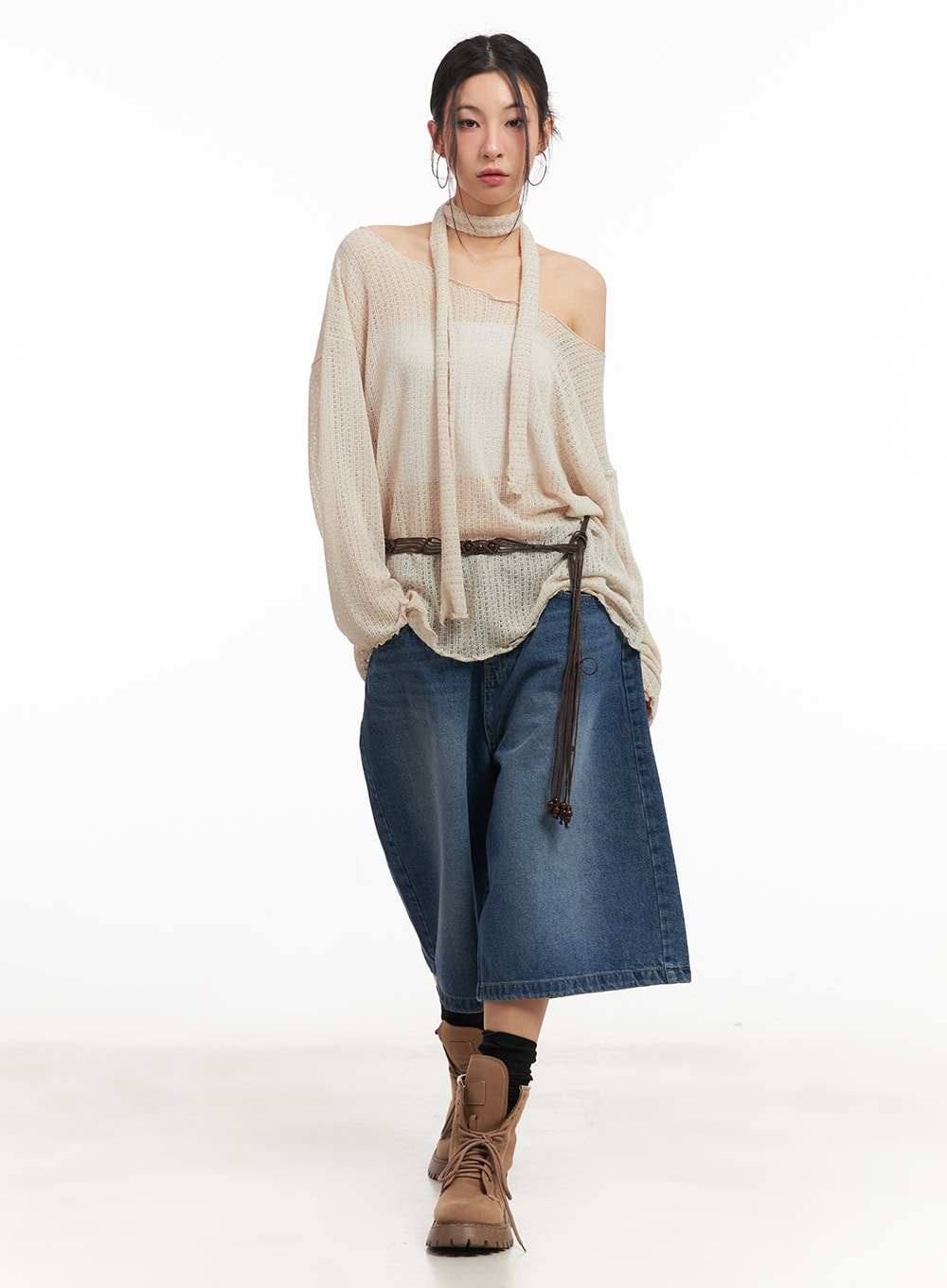 Sheer Off-Shoulder Top with Scarf Set CM503