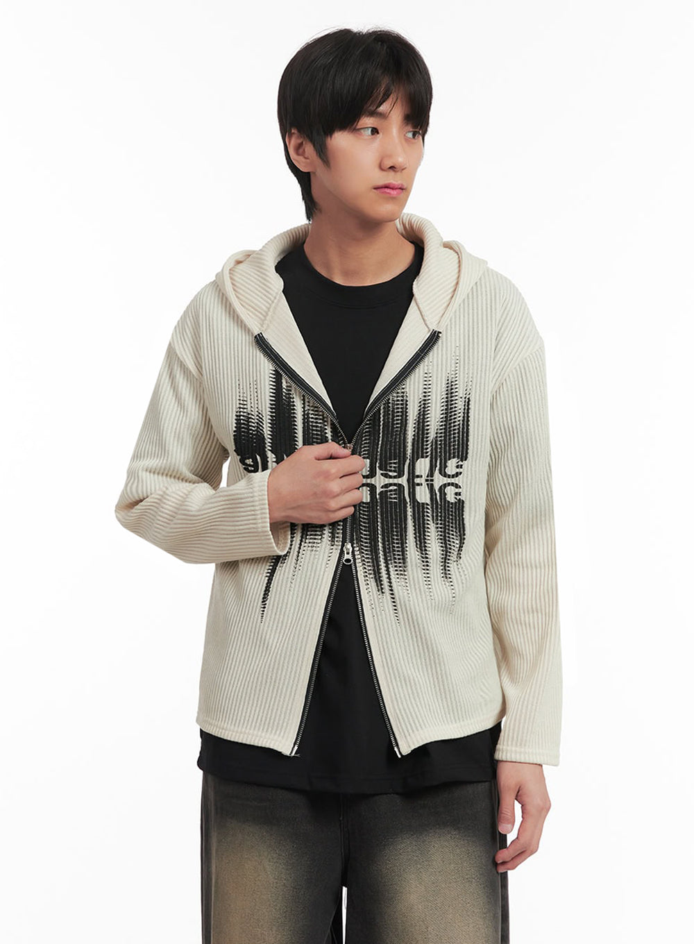 Men's Ribbed Knit Graphic Hooded Jacket IA511