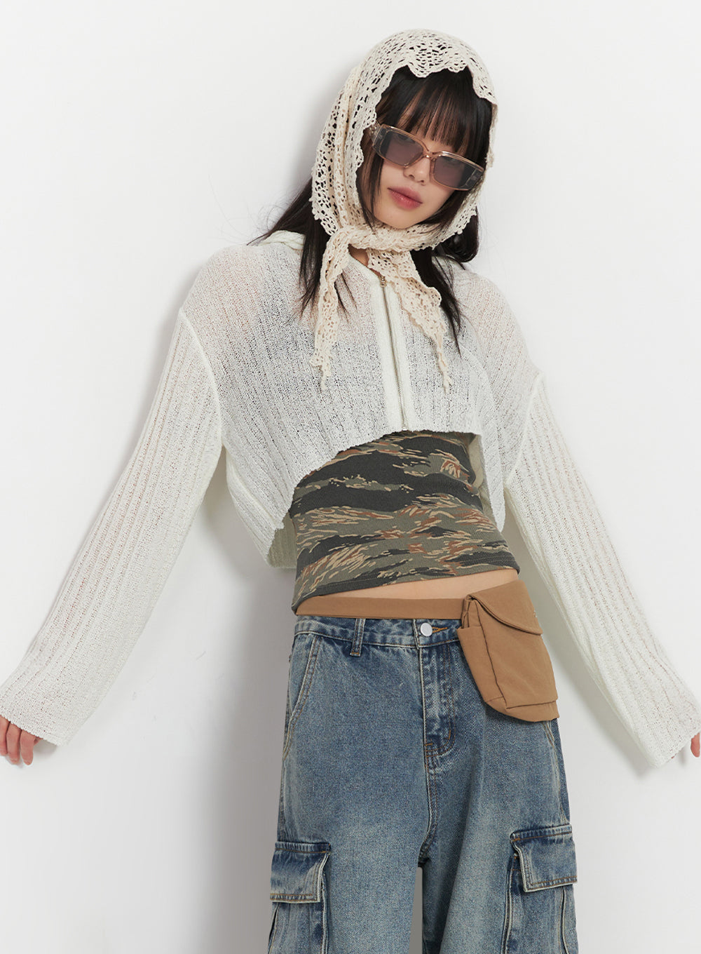 Zip-Up Sheer Hooded Cardigan IA528