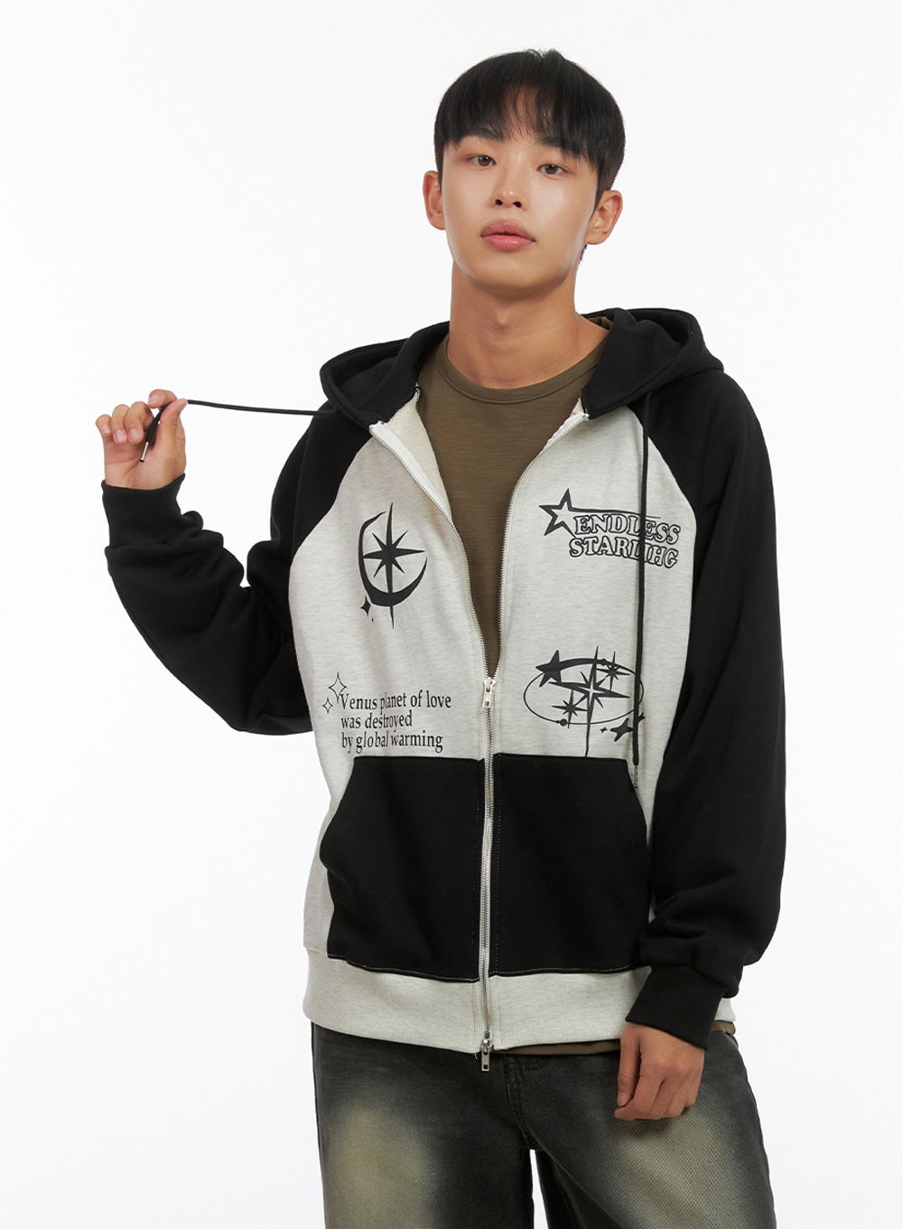 Men's Mixed Color Graphic Zip-Up Cotton Hoodie IS420