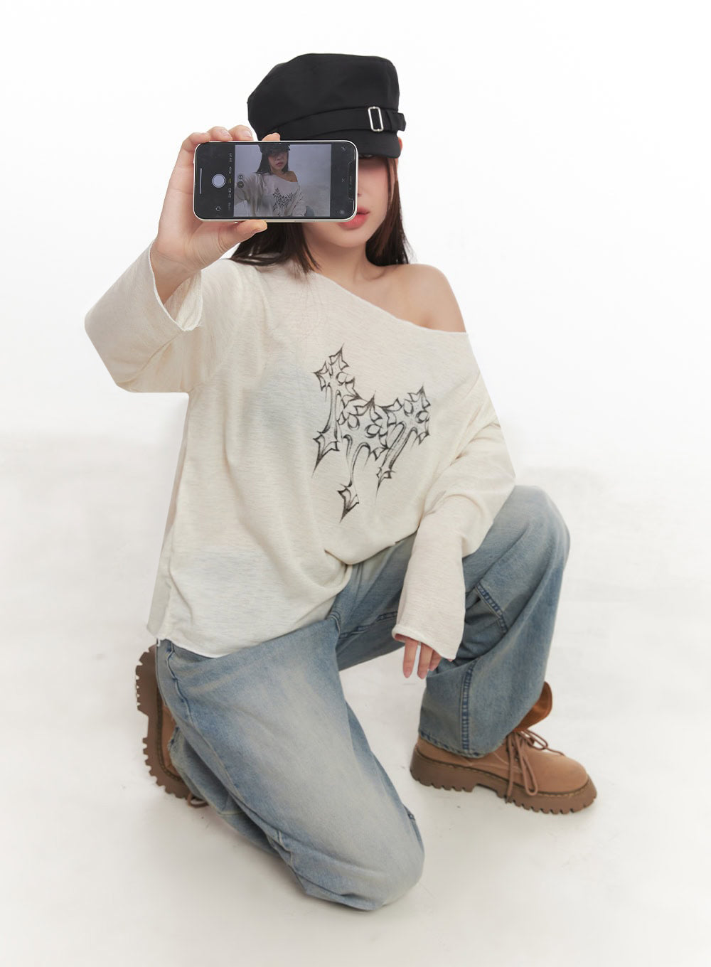 One-Shoulder Sheer Long-Sleeve Graphic Top IM528