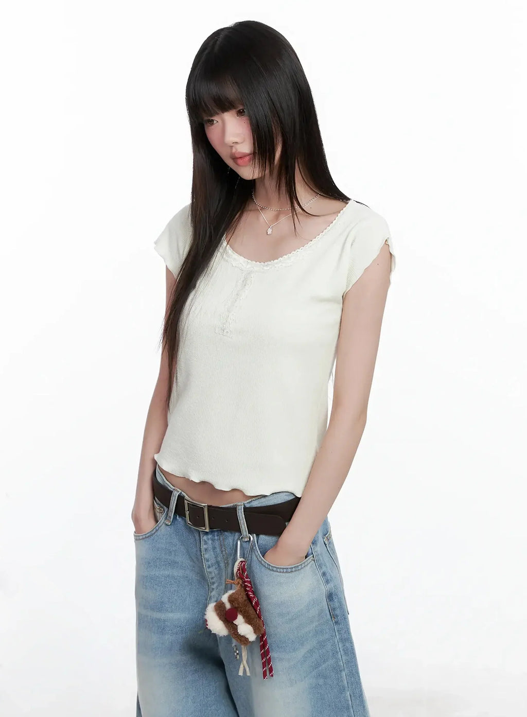 Lace Trimmed Button Short Sleeve IL531