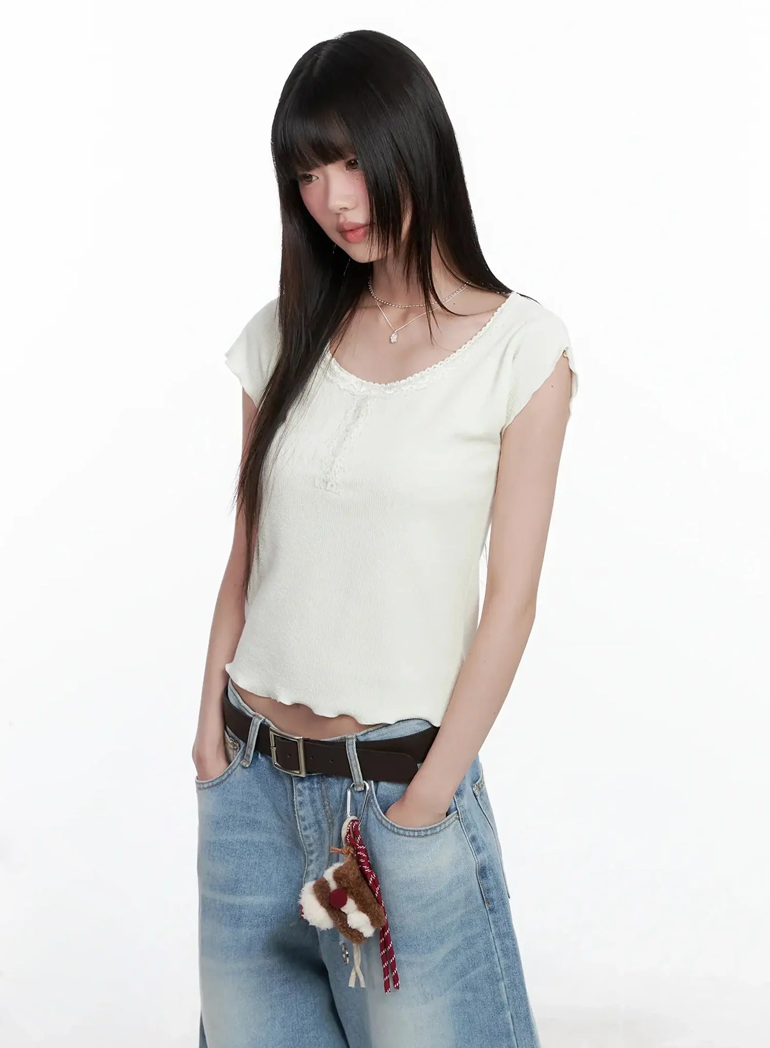 Lace Trimmed Button Short Sleeve IL531