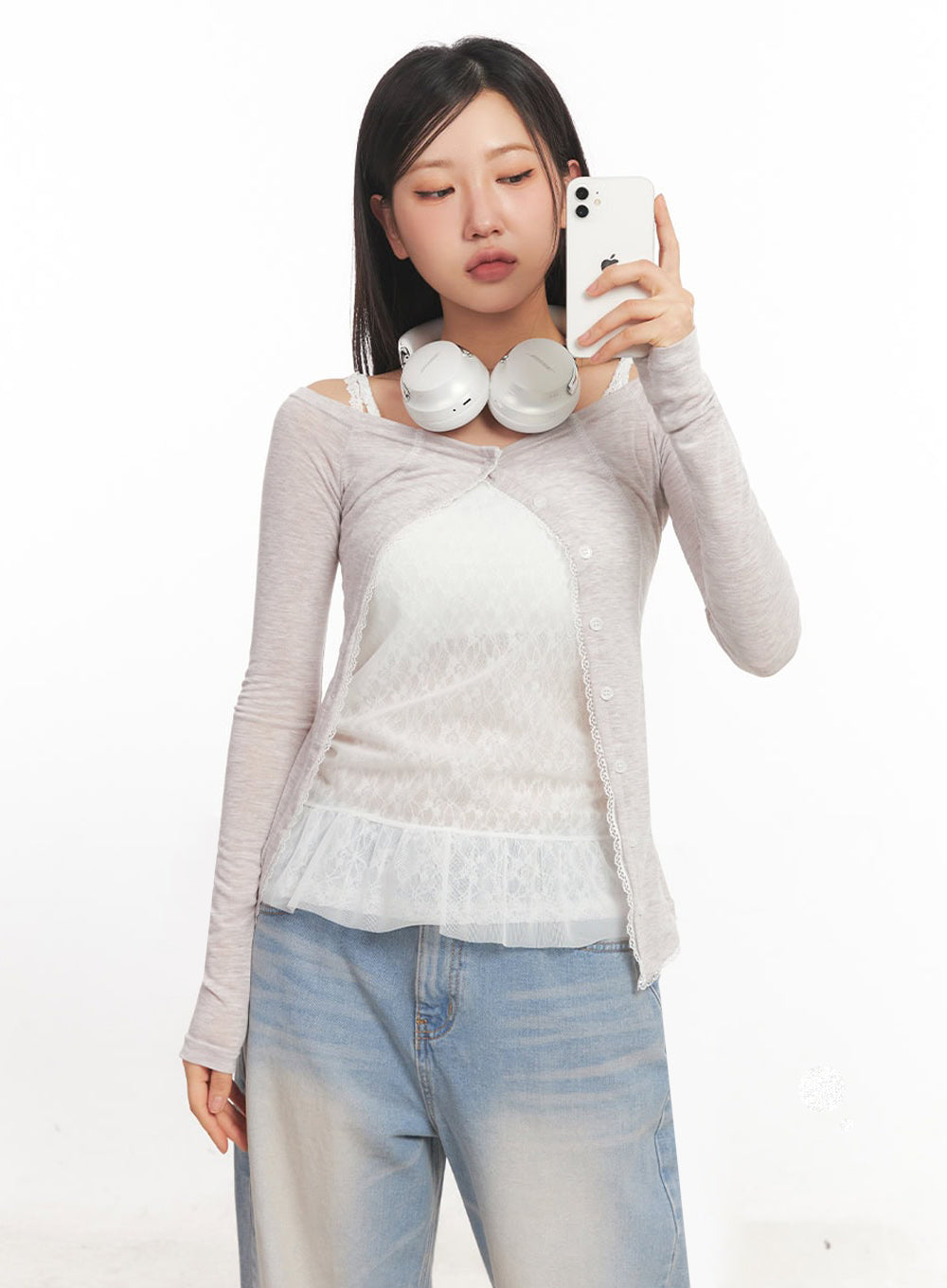 Lace Buttoned Off-Shoulder Cardigan IA524