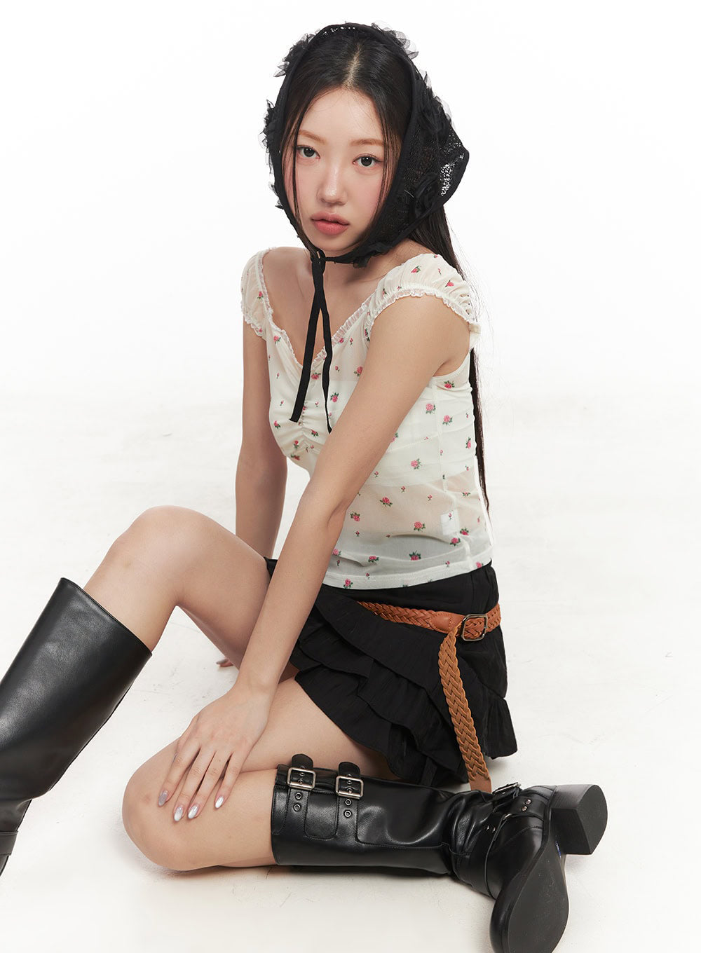 Sheer Floral Lace Shirred Top IM525