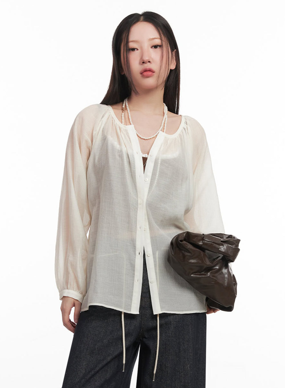 Shirred Sheer Buttoned Blouse IM528