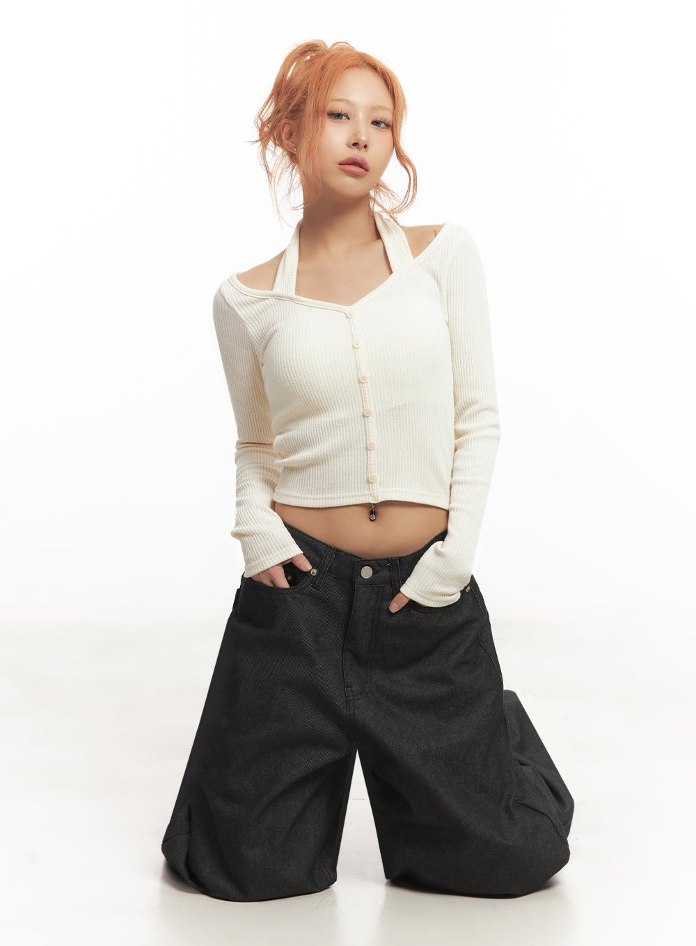 Halter Buttoned Long Sleeve Top IA515