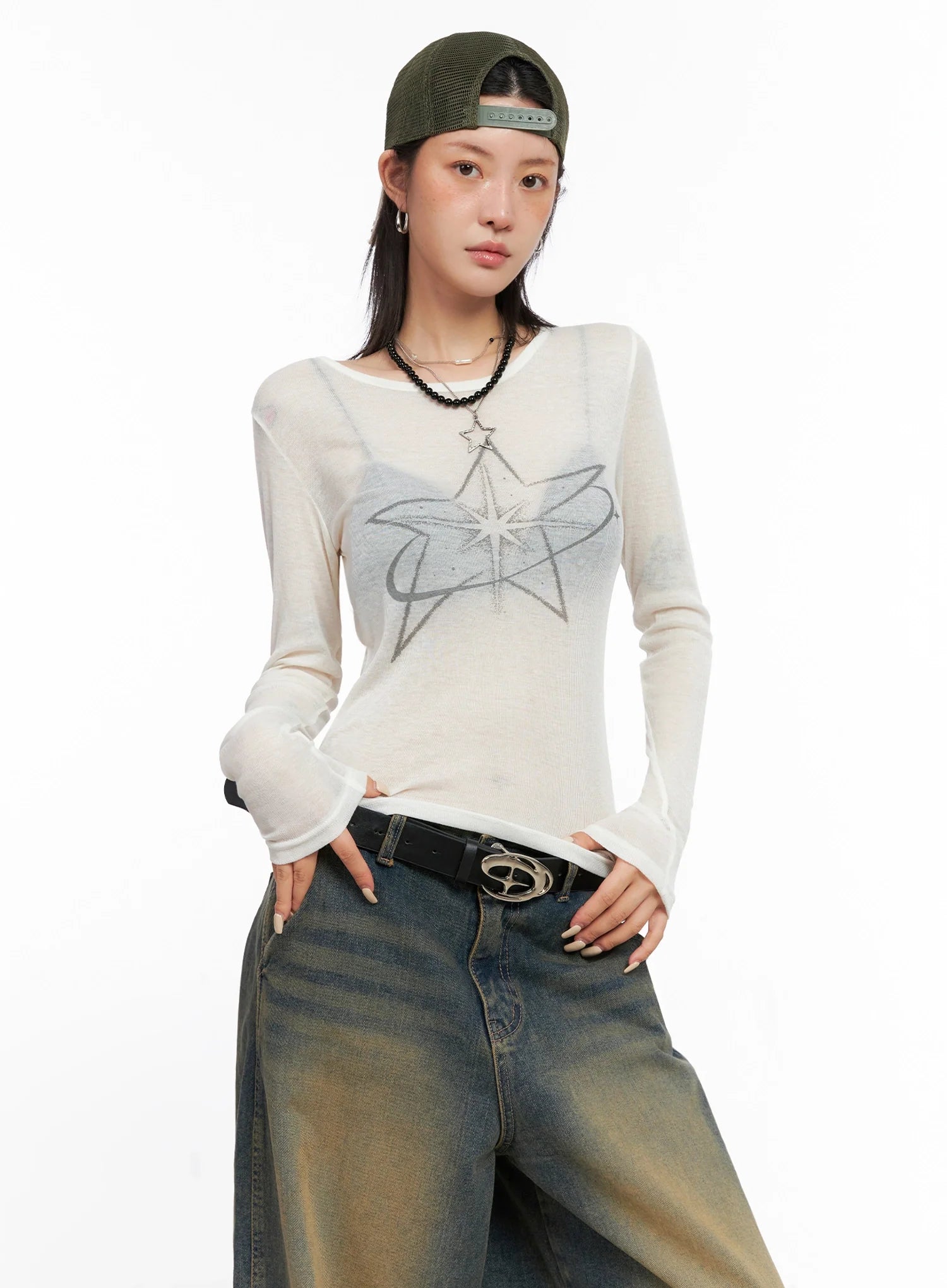 Sheer Star Graphic Long Sleeve Top IS508